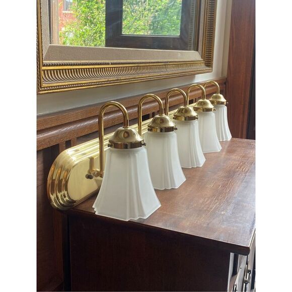 Art Deco Style Vanity Sconce 5 Light with Frosted Bell Shades - Picture 2 of 7